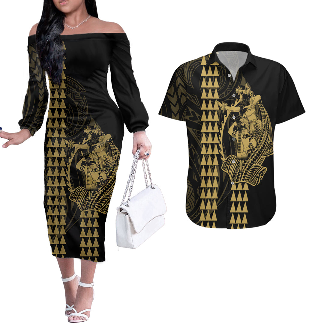Polynesian Couples Matching Outfits Long Sleeve Dress And Long Sleeve Button Shirt Hawaiian Warrior and Aloha Girl With Hammerhead Shark Tattoos Gold LT6 Gold - Polynesian Pride
