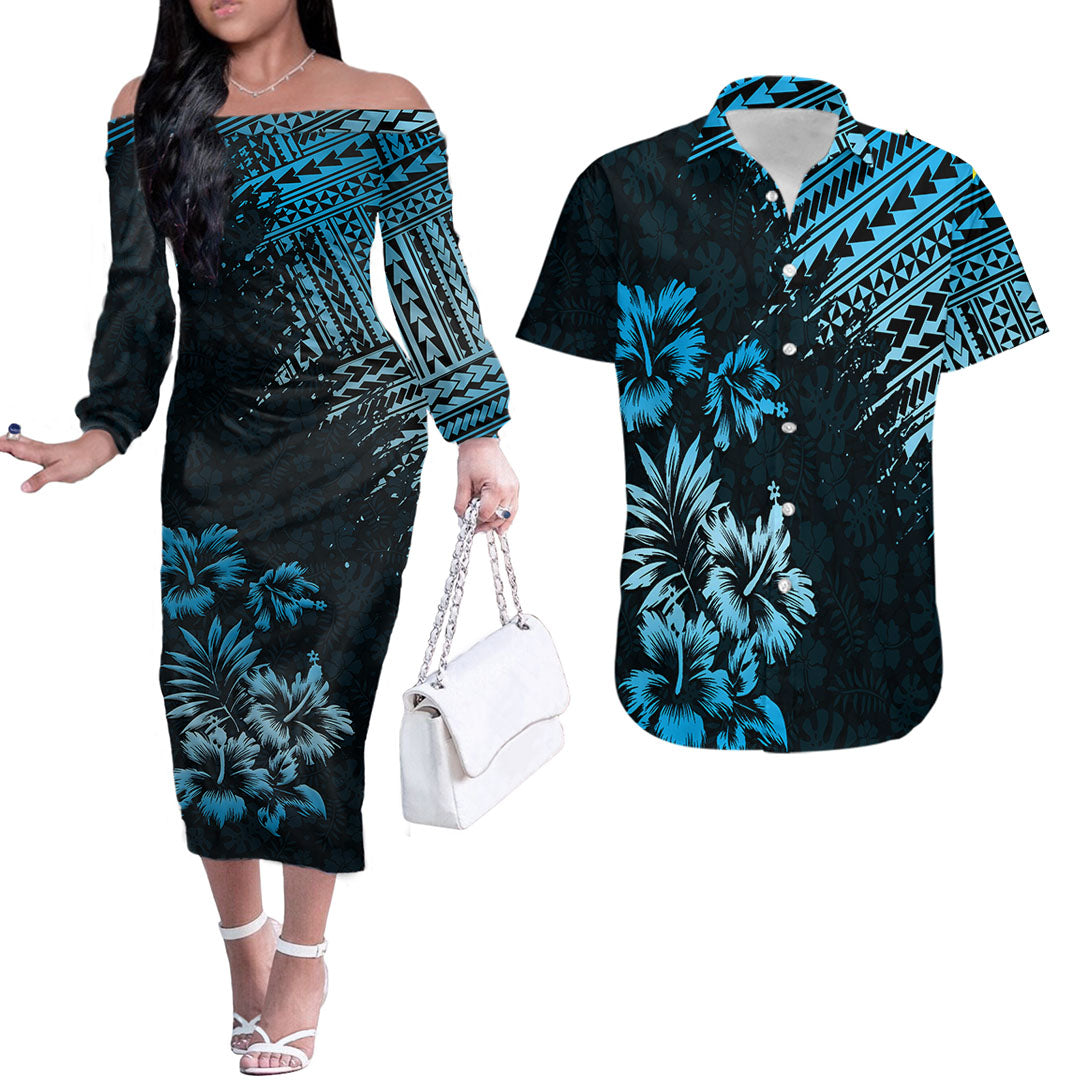 Hawaii Summer Couples Matching Outfits Combo Long Sleeve Dress Mix Polynesian Black-Blue LT6 Blue - Polynesian Pride