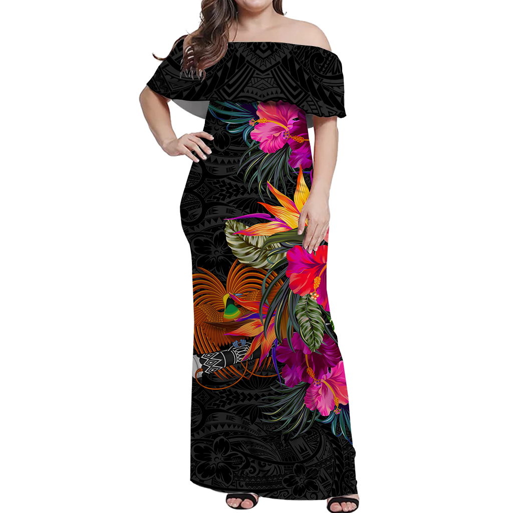 Papua New Guinea Hibiscus Polynesian Tribal Women Off Shoulder Long Dress - LT12 Women Black - Polynesian Pride
