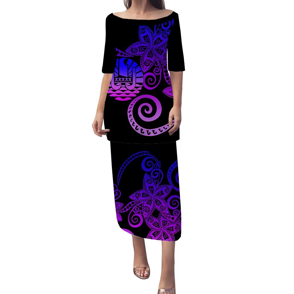 Tahiti Plumeria Polynesian Tribal Puletasi Dress - LT12 Long Dress Black - Polynesian Pride