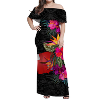 Wallis and Futuna Hibiscus Polynesian Tribal Women Off Shoulder Long Dress - LT12 Long Dress Black - Polynesian Pride