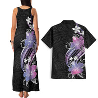 Black Galaxy Polynesian Pattern With Tropical Flowers Couples Matching Tank Maxi Dress and Hawaiian Shirt LT05 - Polynesian Pride