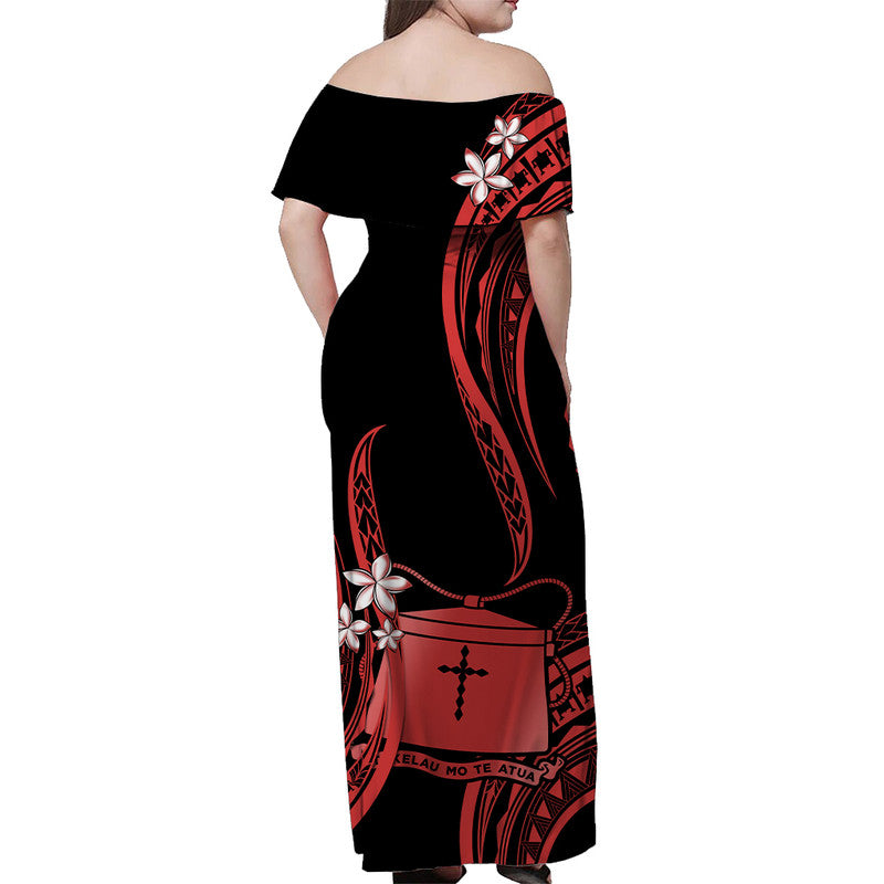 Tokelau Off Shoulder Long Dress Tokelauan Tatau With Badge Red LT14 - Polynesian Pride