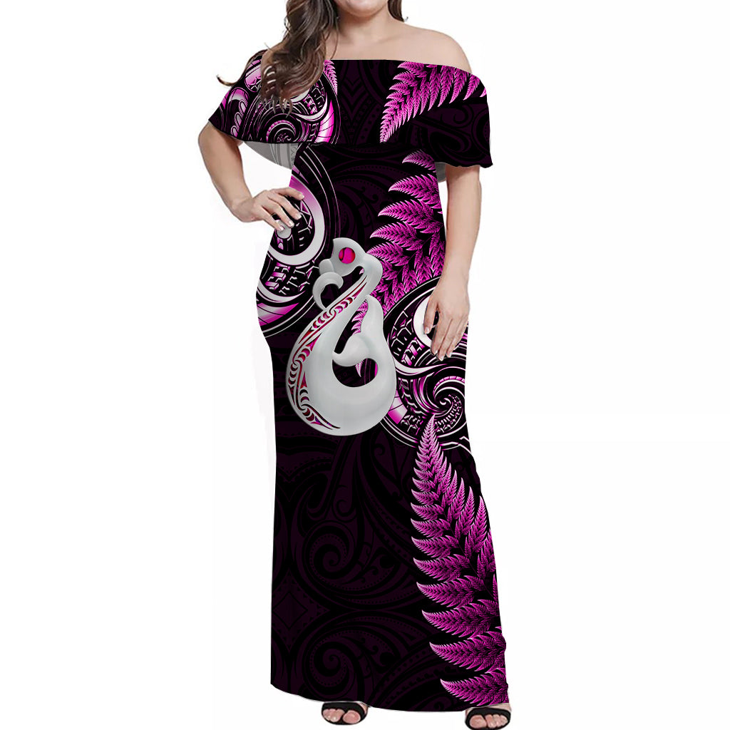 Personalised New Zealand Couples Off Shoulder Maxi Dress and Hawaiian Shirt Aotearoa Silver Fern With Manaia Maori Unique Pink LT14 - Polynesian Pride