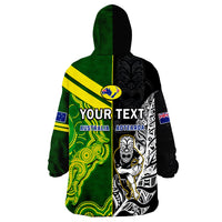 (Custom Personalised) Australia Kangaroos And All Black Rugby Wearable Blanket Hoodie Aboriginal Mix NZ Maori Fern LT14