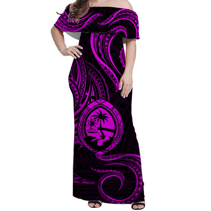Polynesian Pride Guam With Polynesian Tribal Tattoo and Coat of Arms Off Shoulder Long Dress Purple Version LT9 - Polynesian Pride