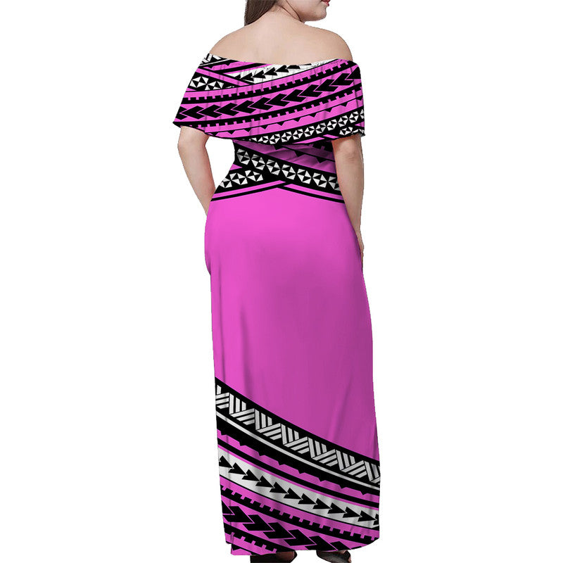 Polynesian Off Shoulders Long Dress Simple Pink LT6 - Polynesian Pride