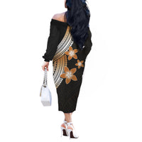 Polynesian Off Shoulder Long Sleeves Dress With Plumeria Flower Gold LT6 - Polynesian Pride