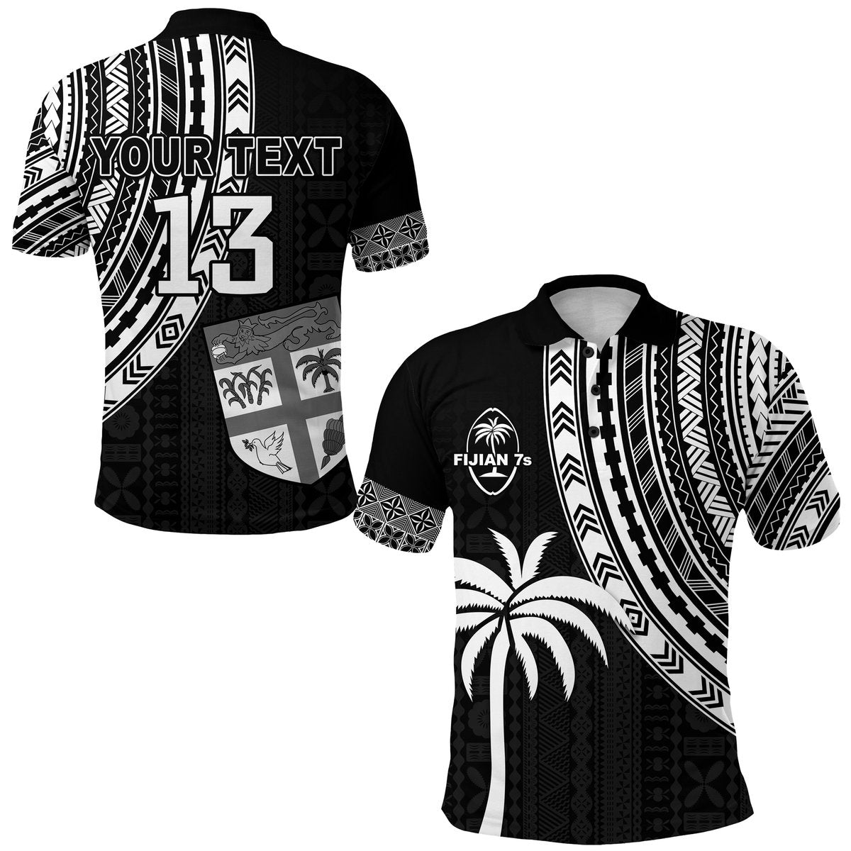 Custom Fiji Rugby Sevens Polo Shirt - Fijian 7s Tapa Polynesian Custom Text and Number LT13 Black - Polynesian Pride