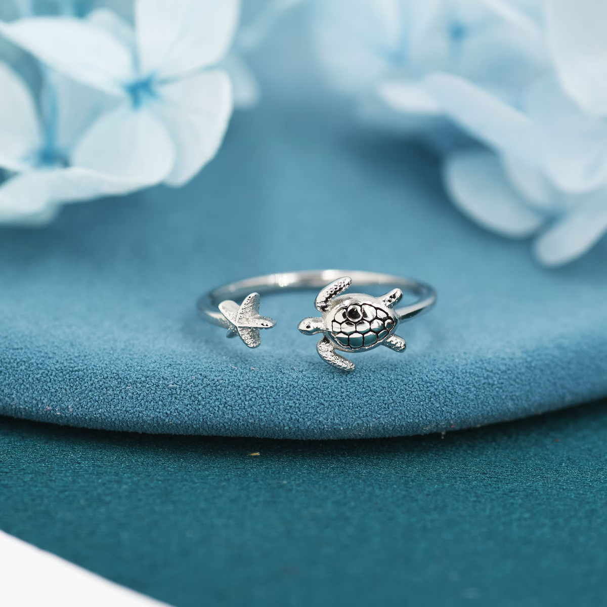 Polynesian Pride Turtle and Starfish Ring – Adjustable Sterling Silver Ocean Jewelry