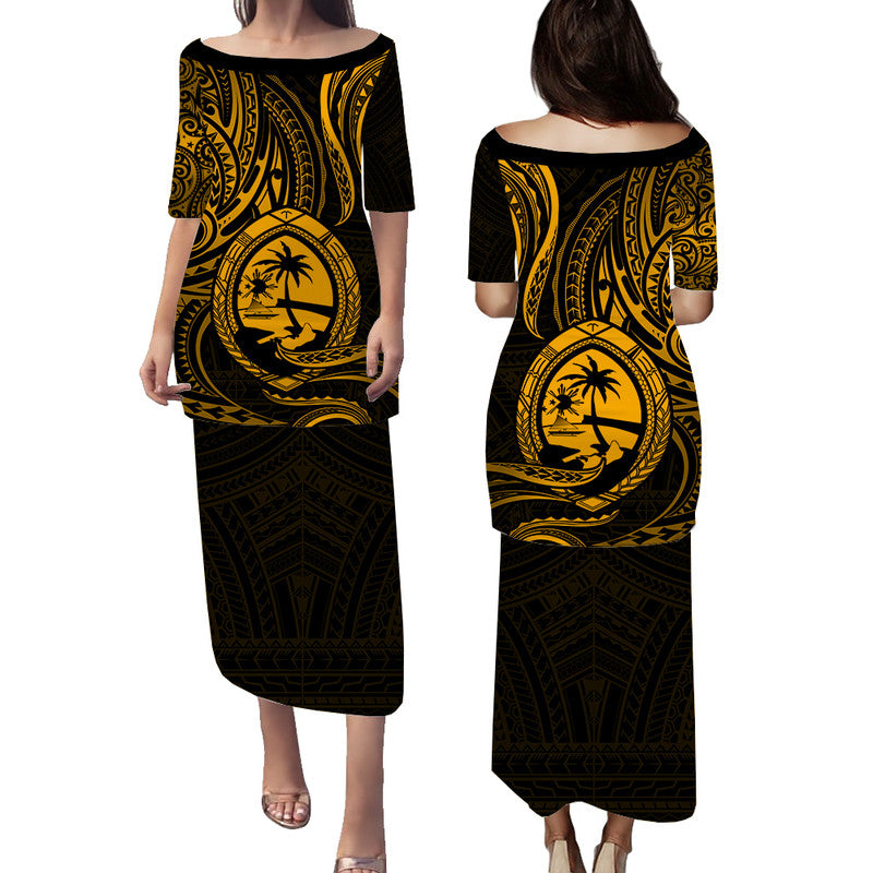 Polynesian Pride Guam With Polynesian Tribal Tattoo and Coat of Arms Puletasi Dress Gold Version LT9 Long Dress Gold - Polynesian Pride