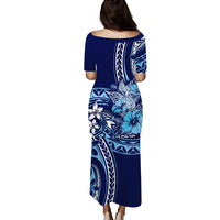 Hawaii Valentine Couples Matching Puletasi and Long Sleeve Button Shirt Plumeria Blue Version LT7 - Polynesian Pride