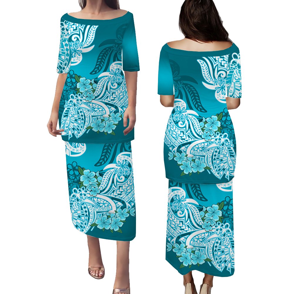Polynesian Matching Couple Outfit Floral Tribal Puletasi Dress and Hawaiian Shirt Teal LT9 - Polynesian Pride