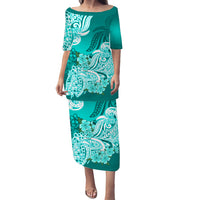 Polynesian Matching Couple Outfit Floral Tribal Puletasi Dress and Hawaiian Shirt Turquoise LT9 - Polynesian Pride