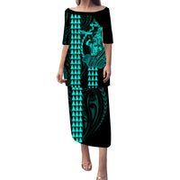 Polynesian Puletasi Dress Hawaiian Warrior and Aloha Girl With Hammerhead Shark Tattoos Turquoise LT6 Long Dress Green - Polynesian Pride