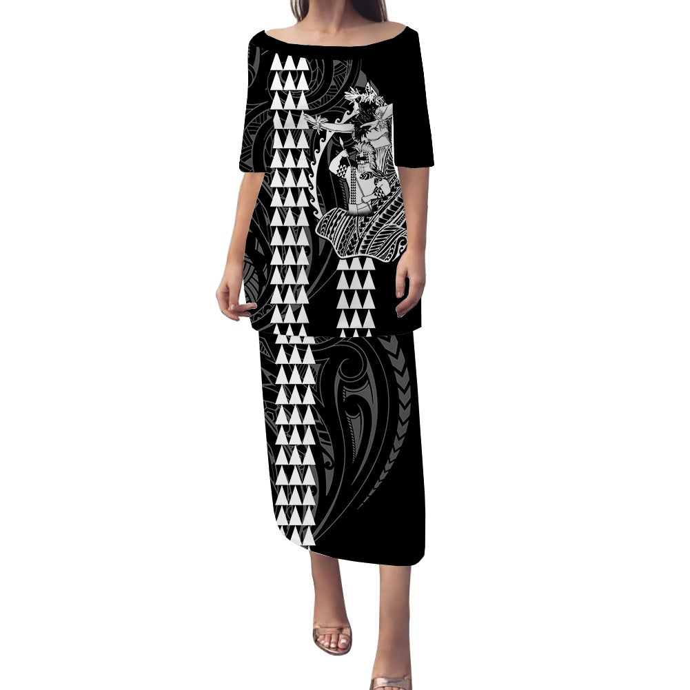 Polynesian Puletasi Dress Hawaiian Warrior and Aloha Girl With Hammerhead Shark Tattoos White LT6 Long Dress White - Polynesian Pride