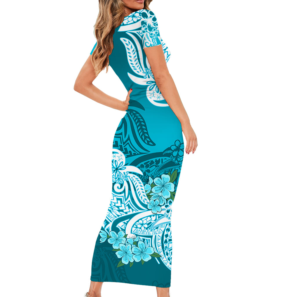 Polynesian Floral Tribal Short Sleeve Body Long Dress Teal LT9 - Polynesian Pride