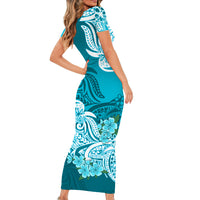 Polynesian Floral Tribal Short Sleeve Body Long Dress Teal LT9 - Polynesian Pride