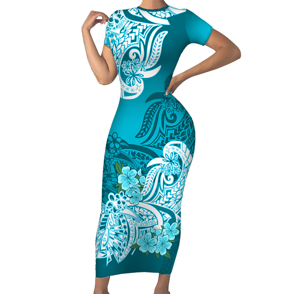 Polynesian Floral Tribal Short Sleeve Body Long Dress Teal LT9 - Polynesian Pride