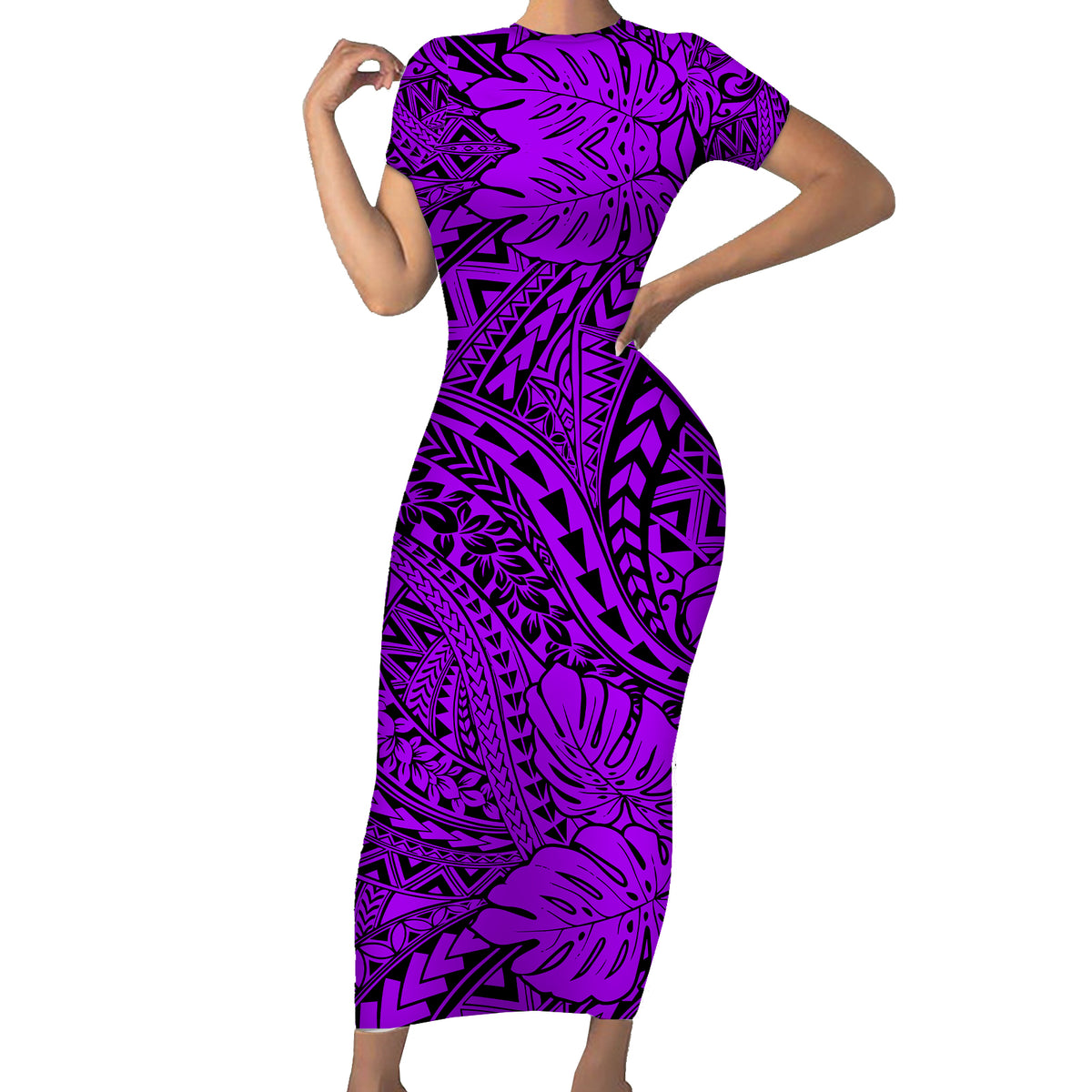 Hawaii Couples Matching Short Sleeve Bodycon Dress and Hawaiian Shirt Purple Polynesian Tribal Art LT14 - Polynesian Pride