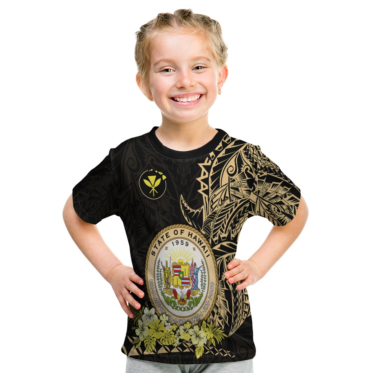(Custom Personalised) Hawaiian Polynesian T Shirt Kid Gold Seal Of Hawaii LT13 - Polynesian Pride