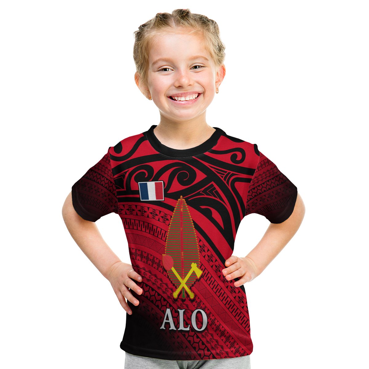 Alo Chiefdom Wallis et Futuna T Shirt KID Polynesian Pattern and Flag LT13 Youth XL Size14 - Polynesian Pride