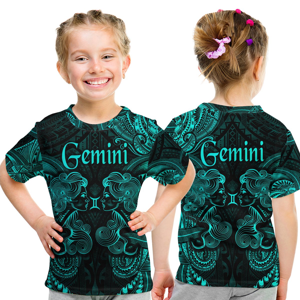 Gemini Zodiac Polynesian T Shirt Kid Unique Style - Turquoise LT8 Youth XL Size14 - Polynesian Pride