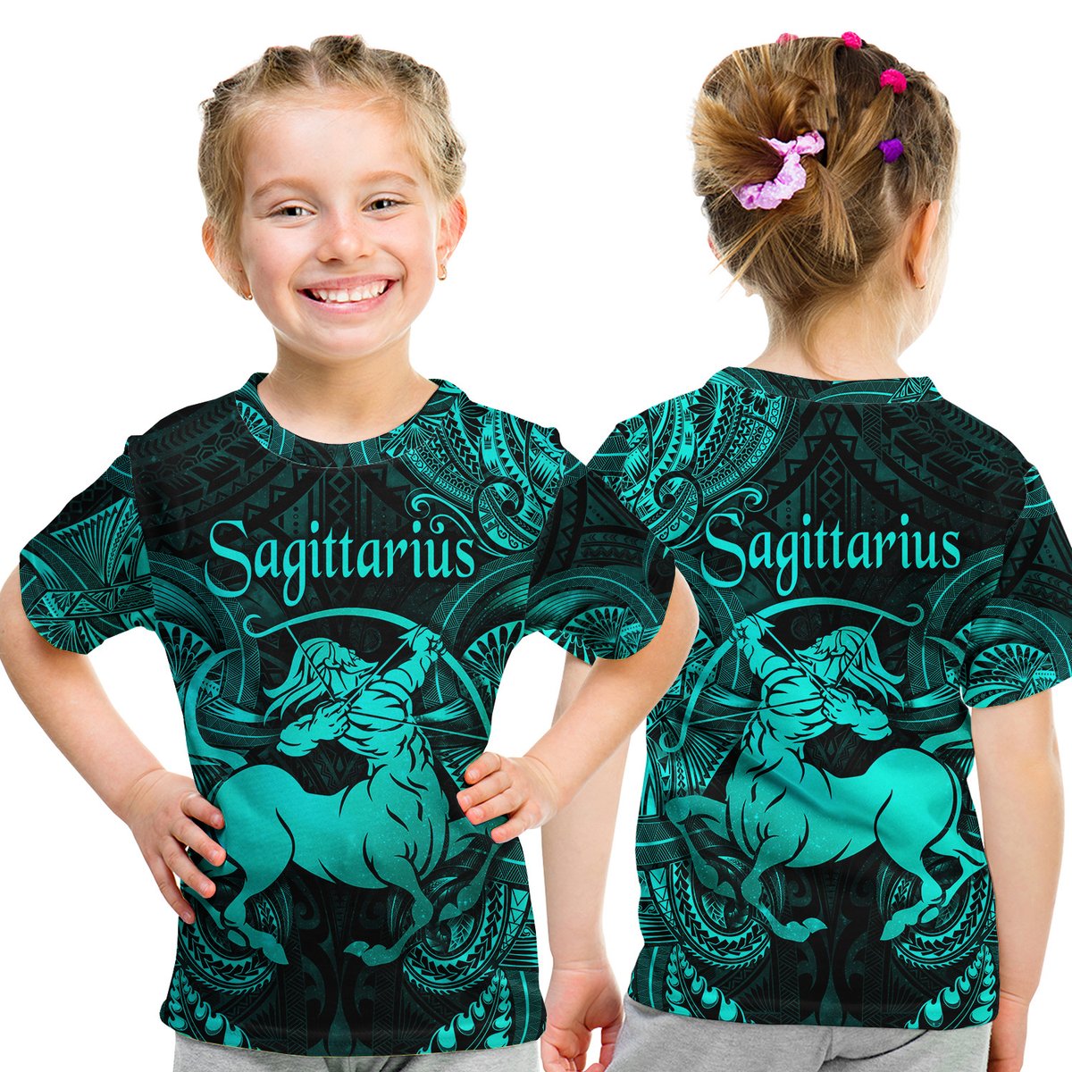 Sagittarius Zodiac Polynesian T Shirt Kid Unique Style - Turquoise LT8 Youth XL Size14 - Polynesian Pride