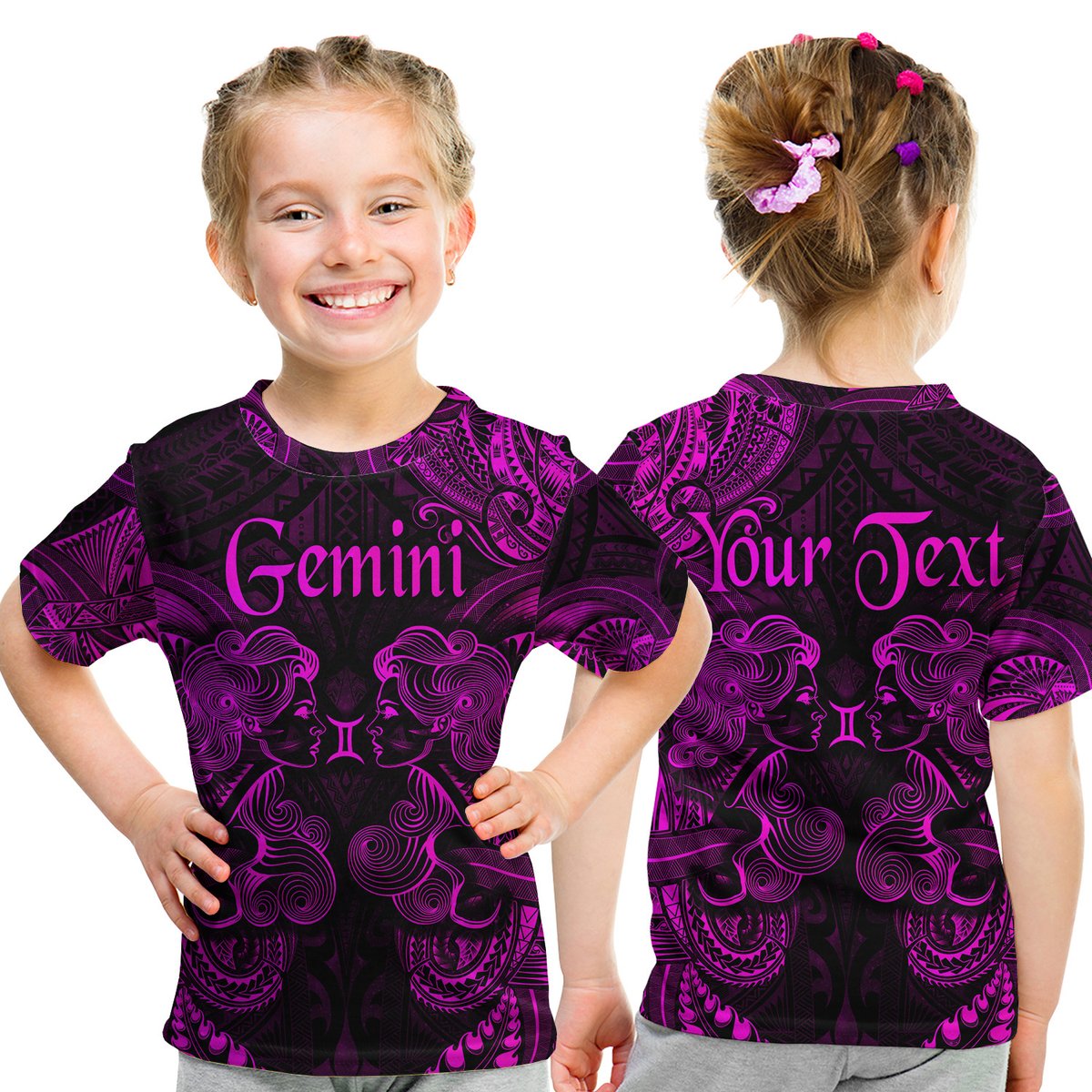 (Custom Personalised) Gemini Zodiac Polynesian T Shirt Kid Unique Style - Pink LT8 Youth XL Size14 - Polynesian Pride
