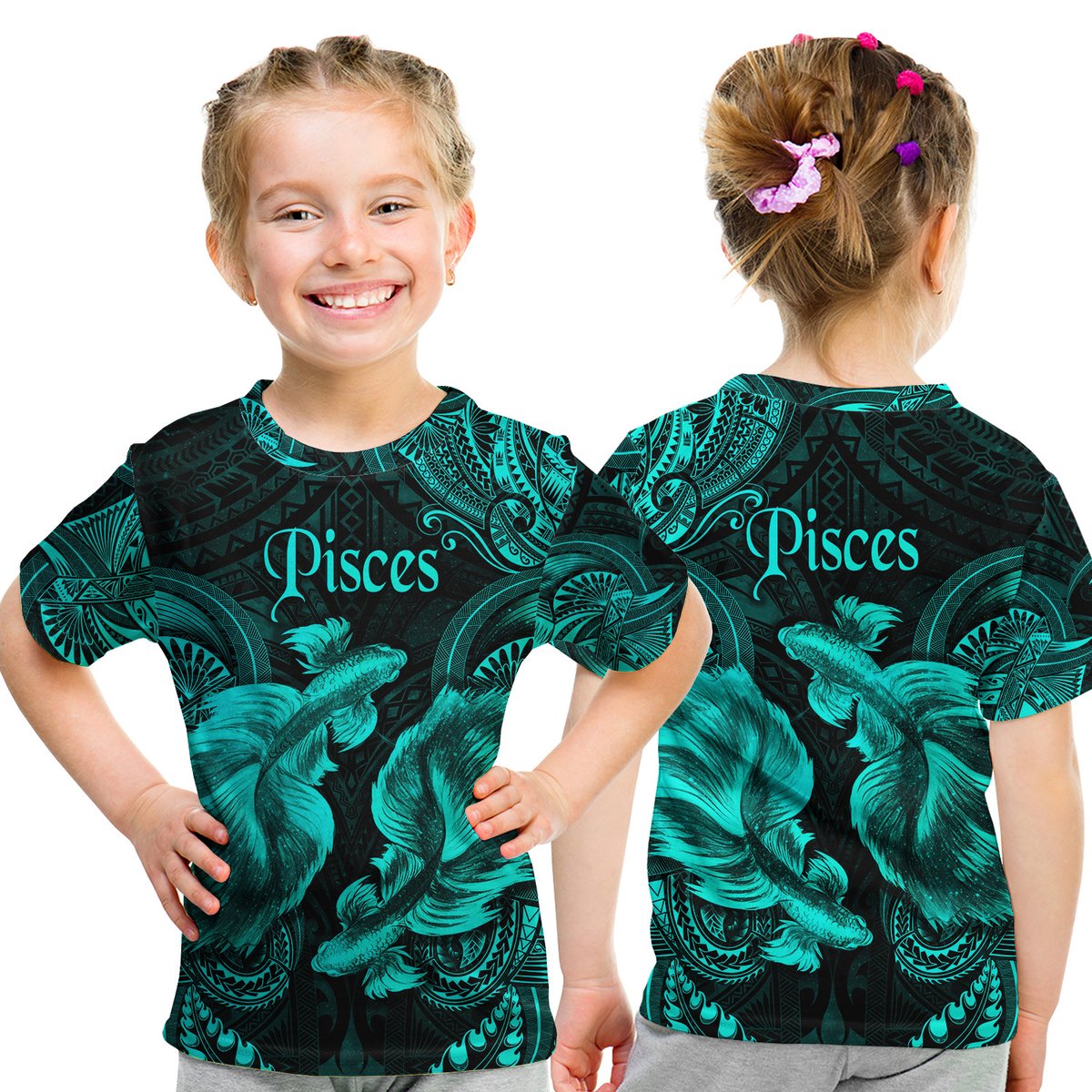 Pisces Zodiac Polynesian T Shirt Kid Unique Style - Turquoise LT8 Youth XL Size14 - Polynesian Pride