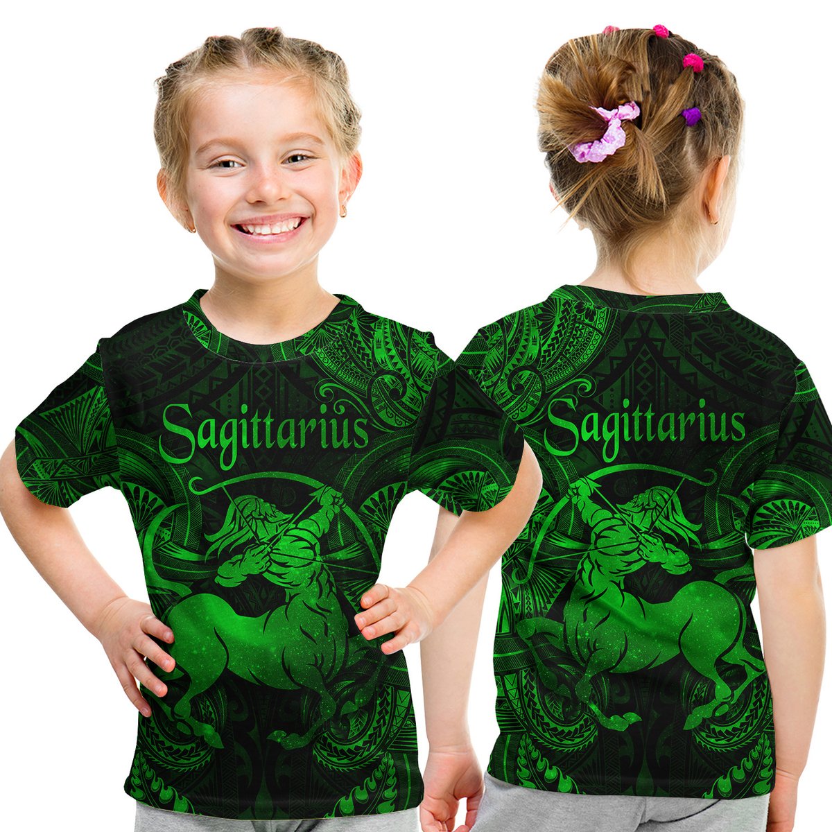 Sagittarius Zodiac Polynesian T Shirt Kid Unique Style - Green LT8 Youth XL Size14 - Polynesian Pride