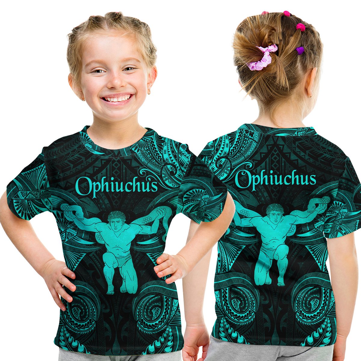 Ophiuchus Zodiac Polynesian T Shirt Kid Unique Style - Turquoise LT8 Youth XL Size14 - Polynesian Pride