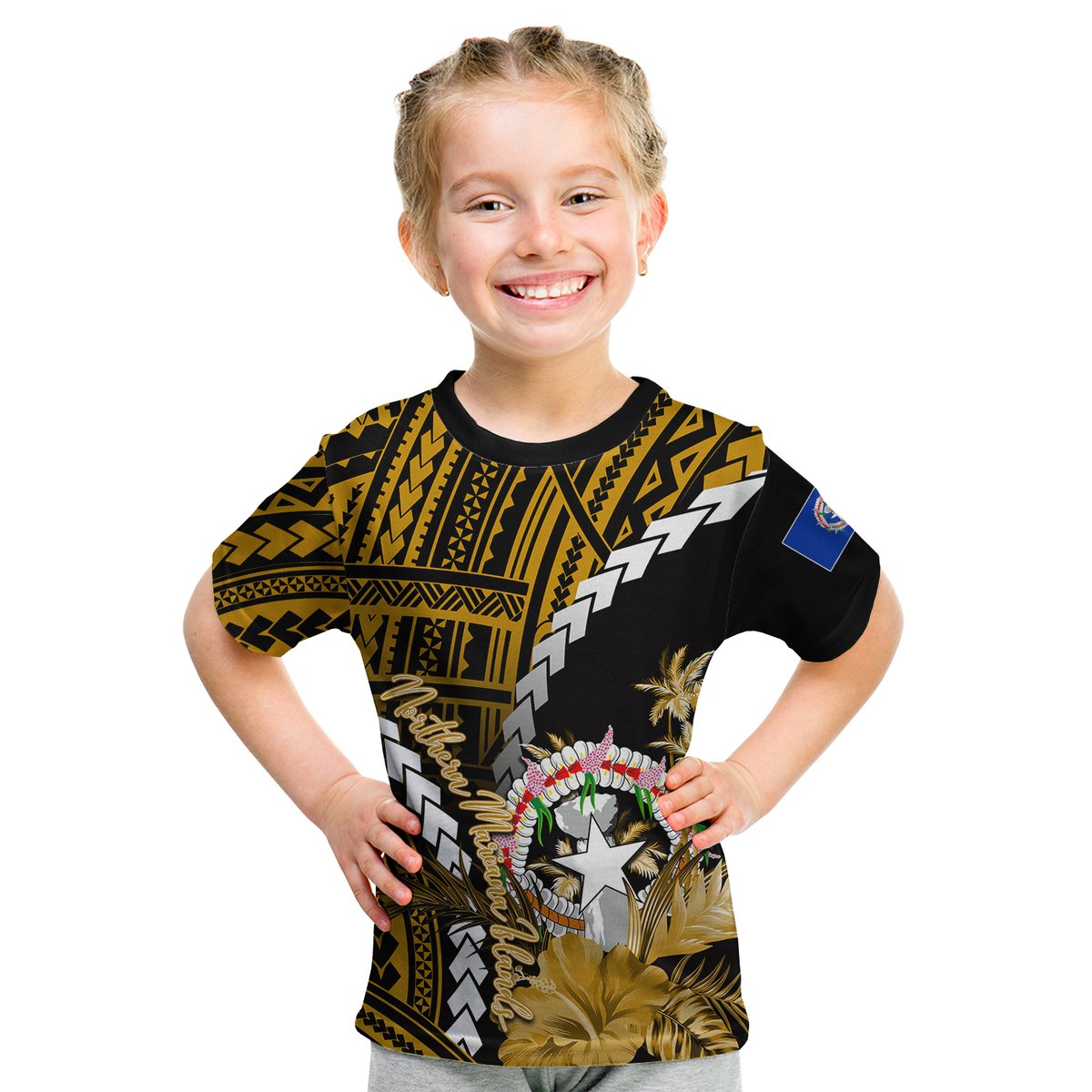 (Custom Personalised)Northern Mariana Islands T Shirt KID Polynesian Style Gold Color LT6 Youth XL Size14 - Polynesian Pride