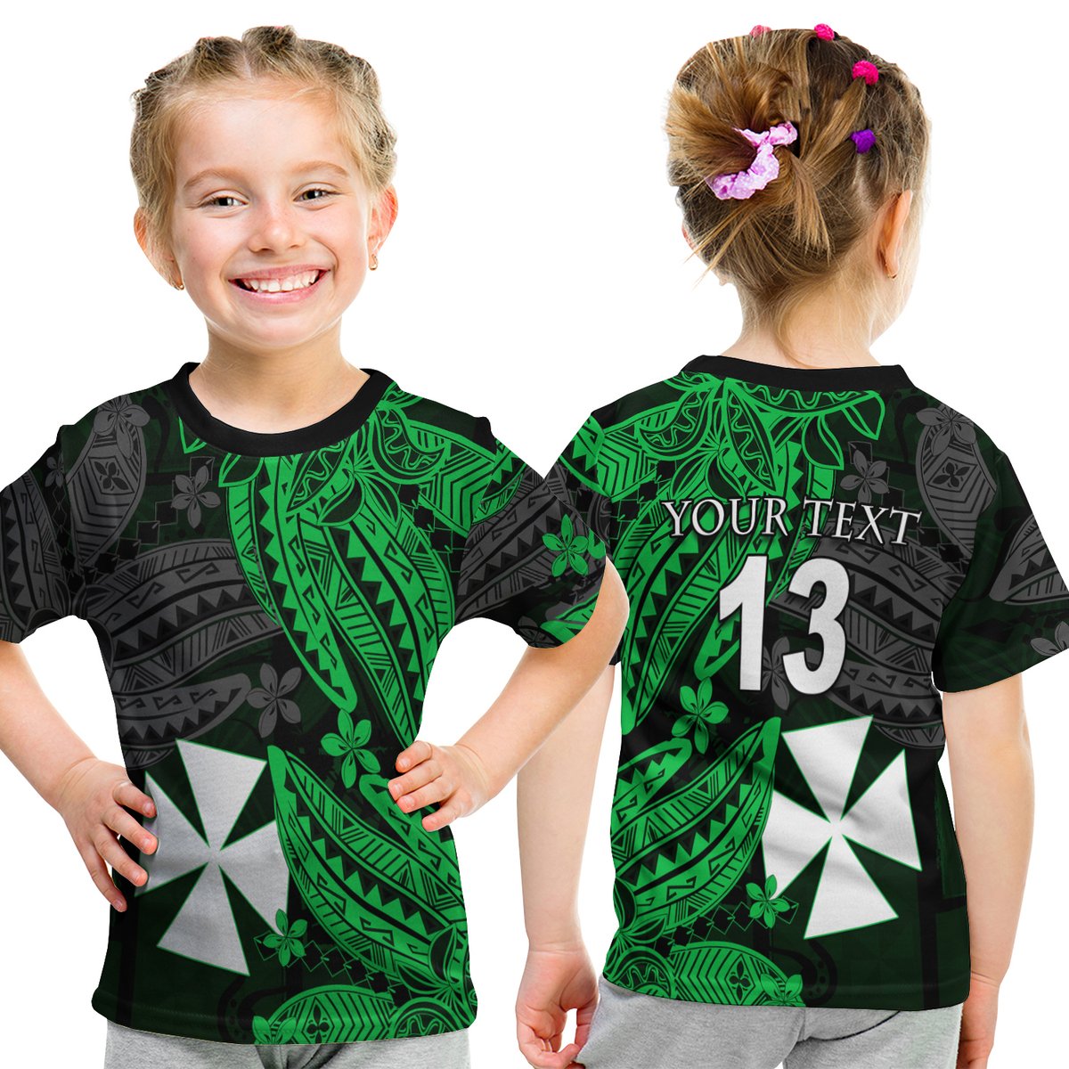 (Custom Text And Number) Wallis And Futuna T Shirt Kid Enjoy Polynesian Flowers Version Green LT13 Youth XL Size14 - Polynesian Pride