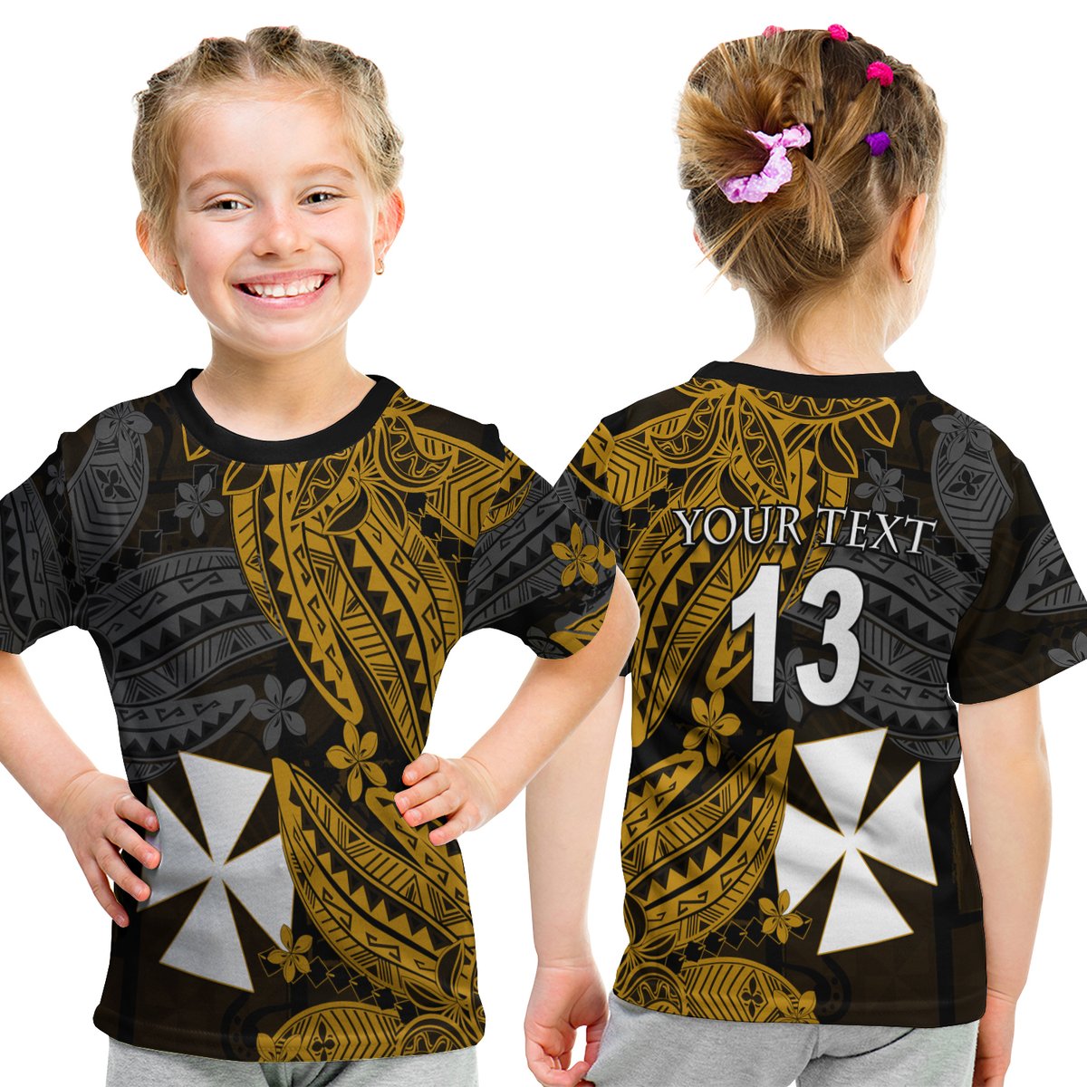 (Custom Text And Number) Wallis And Futuna T Shirt Kid Enjoy Polynesian Flowers Version Gold LT13 Youth XL Size14 - Polynesian Pride