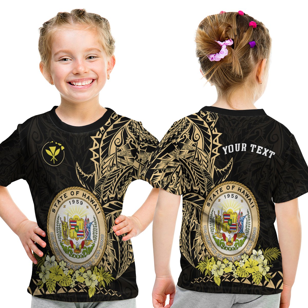(Custom Personalised) Hawaiian Polynesian T Shirt Kid Gold Seal Of Hawaii LT13 Youth XL Size14 - Polynesian Pride