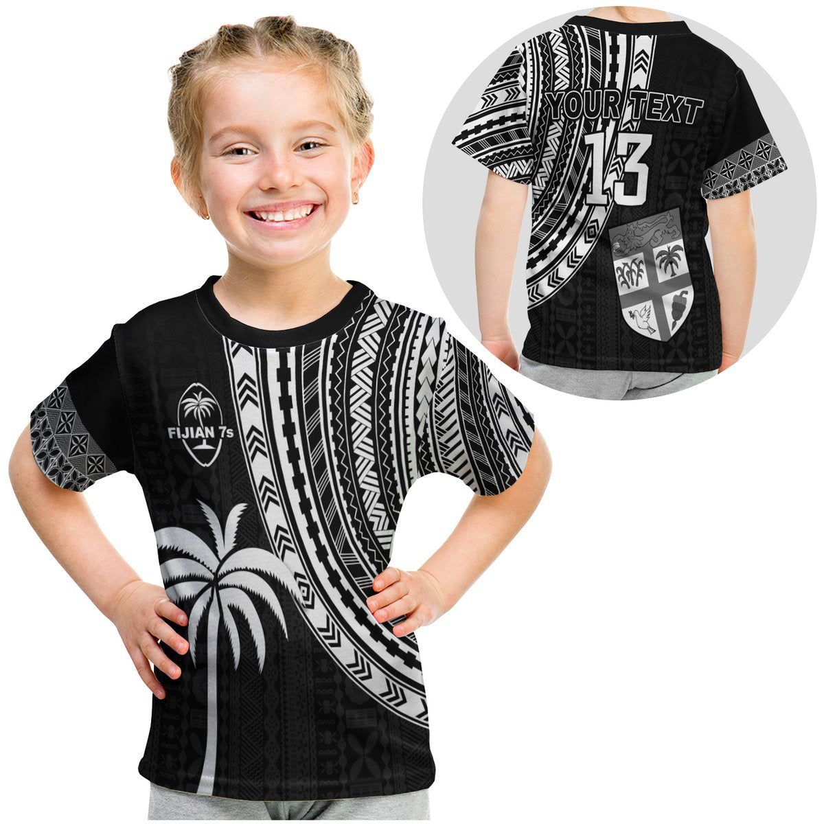 (Custom Personalised) Fiji Rugby Sevens T Shirt Kid Fijian 7S Tapa Polynesian - Custom Text And Number LT13 Youth XL Size14 - Polynesian Pride