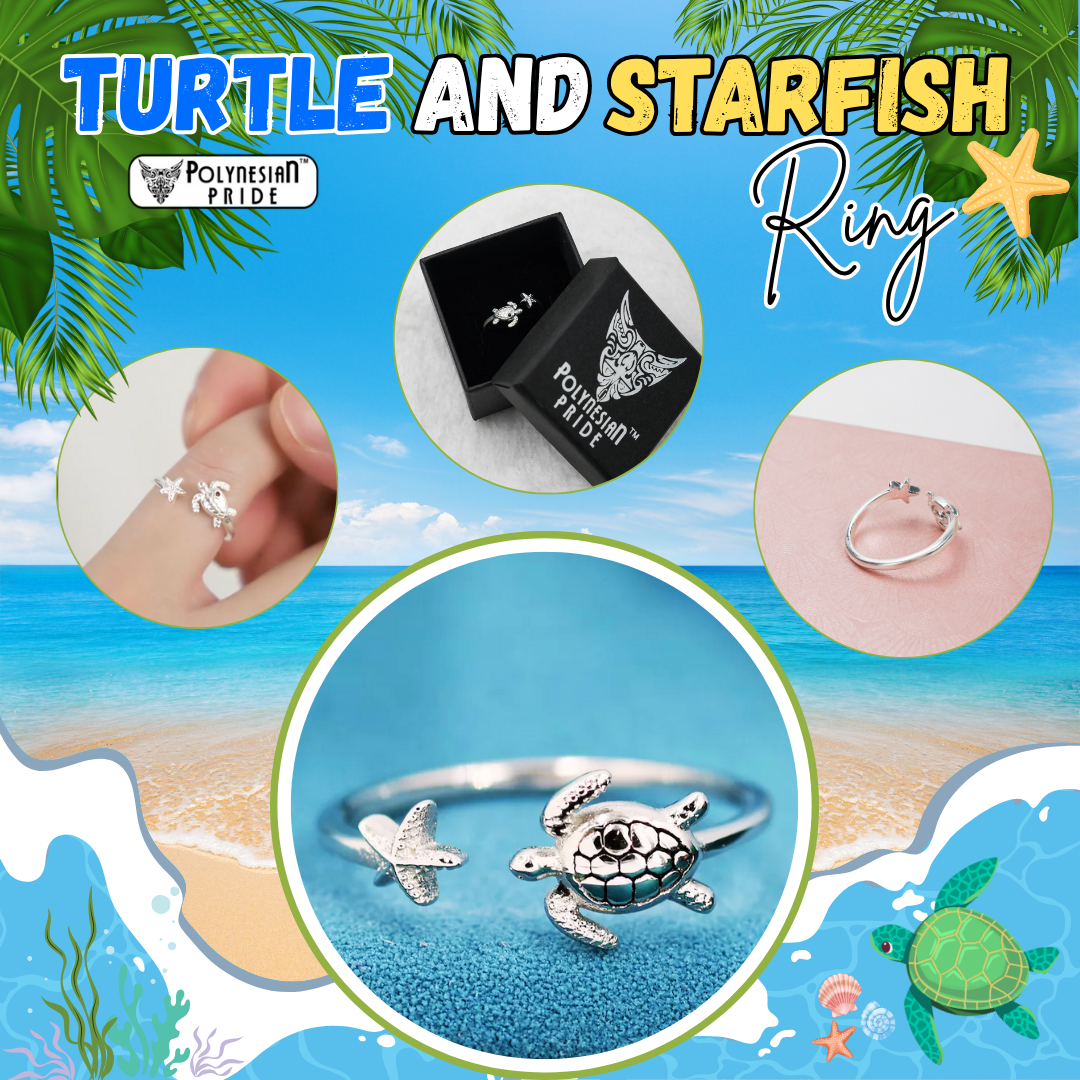 Polynesian Pride Sea Turtle and Starfish Ring – Adjustable Sterling Silver Ocean Jewelry