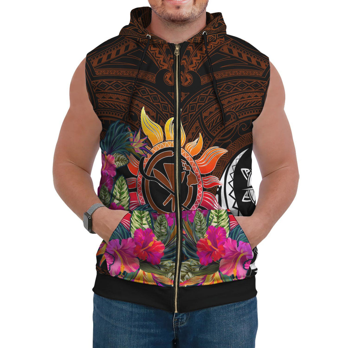 Polynesian Sleeveless Hoodie Hawaii Kanaka Maoli & Hibiscus Flowers With Polynesian Patterns