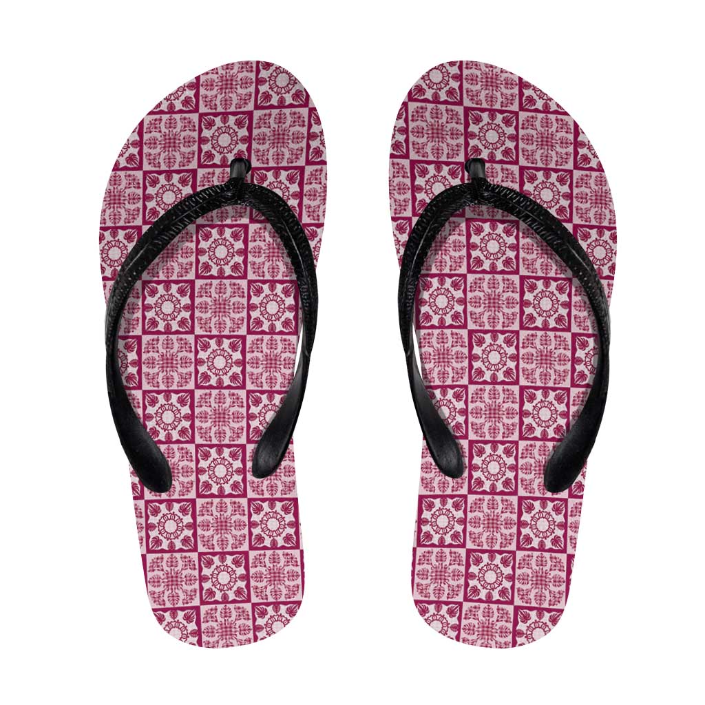 Akala Palaka Quilt Hawaii Flip Flops Hawaiian Tropical Monstera Sea Turtle LT14 Pink - Polynesian Pride