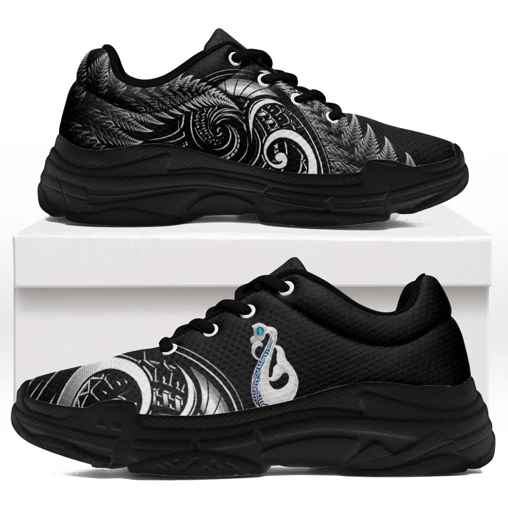 All Black New Zealand Chunky Sneakers Aotearoa Silver Fern With Manaia Maori Unique