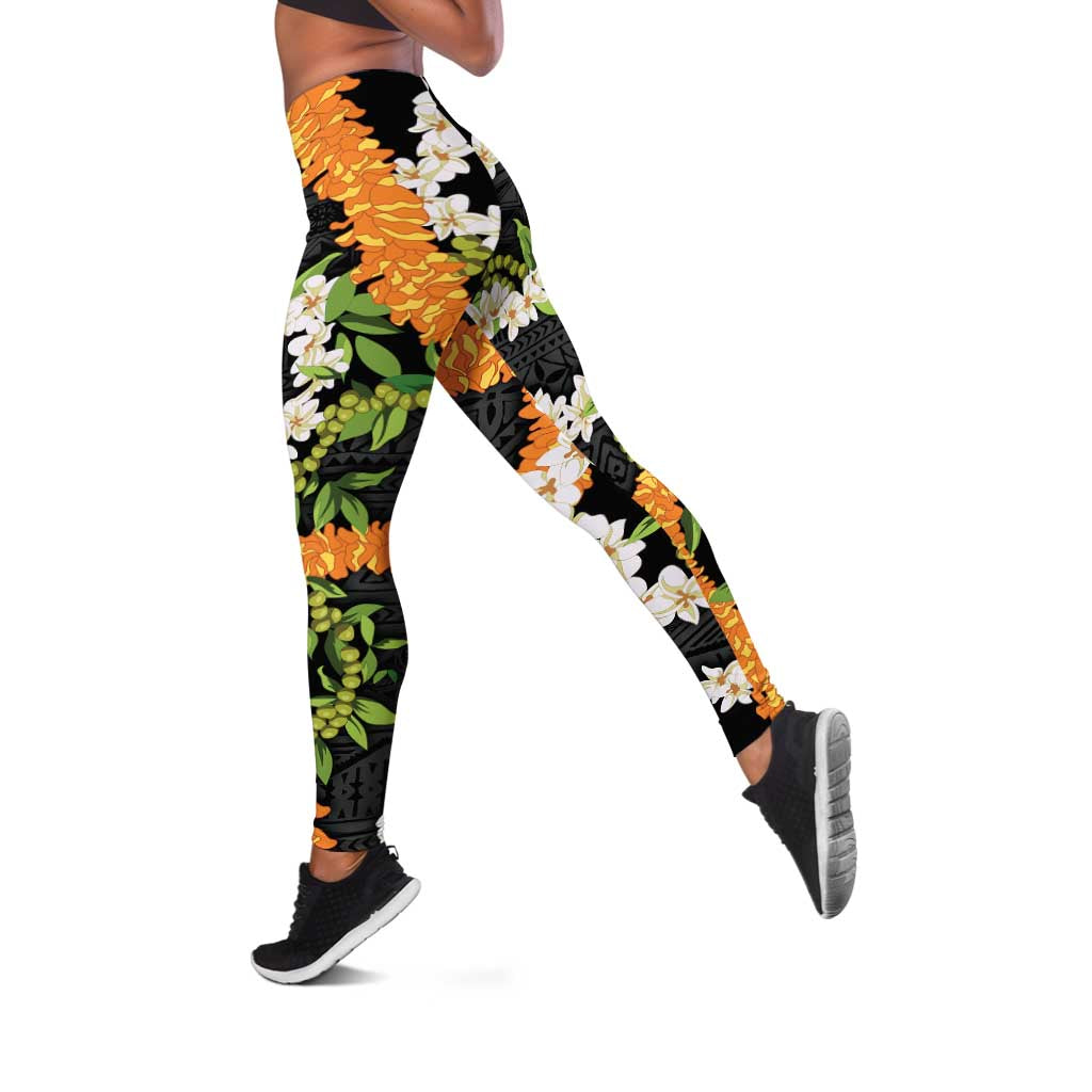 Aloha Festive Hawaii Leggings Mokihana - Maile and Ilima on Black - Polynesian Pride