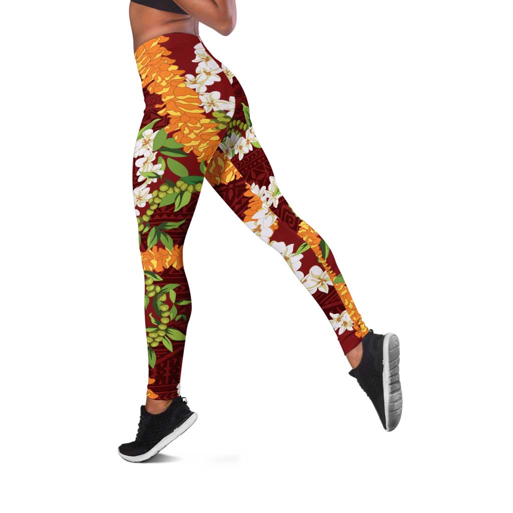 Aloha Festive Hawaii Leggings Mokihana - Maile and Ilima on Crimson - Polynesian Pride