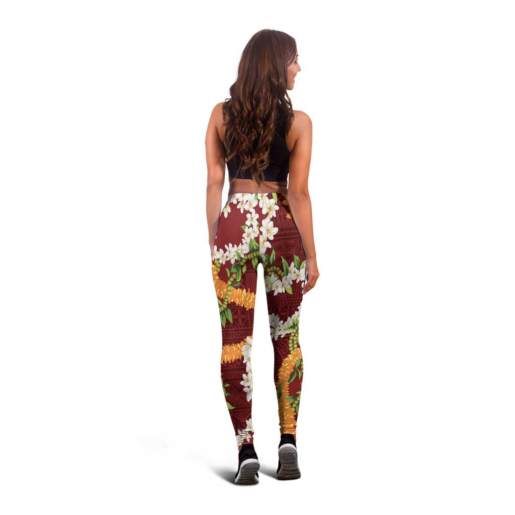 Aloha Festive Hawaii Leggings Mokihana - Maile and Ilima on Crimson - Polynesian Pride