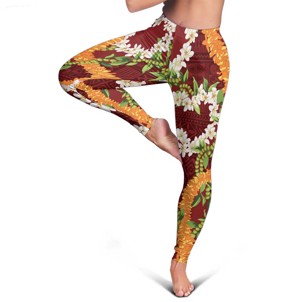 Aloha Festive Hawaii Leggings Mokihana - Maile and Ilima on Crimson - Polynesian Pride