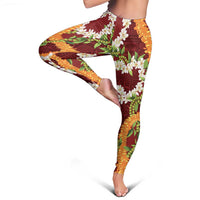 Aloha Festive Hawaii Leggings Mokihana - Maile and Ilima on Crimson - Polynesian Pride