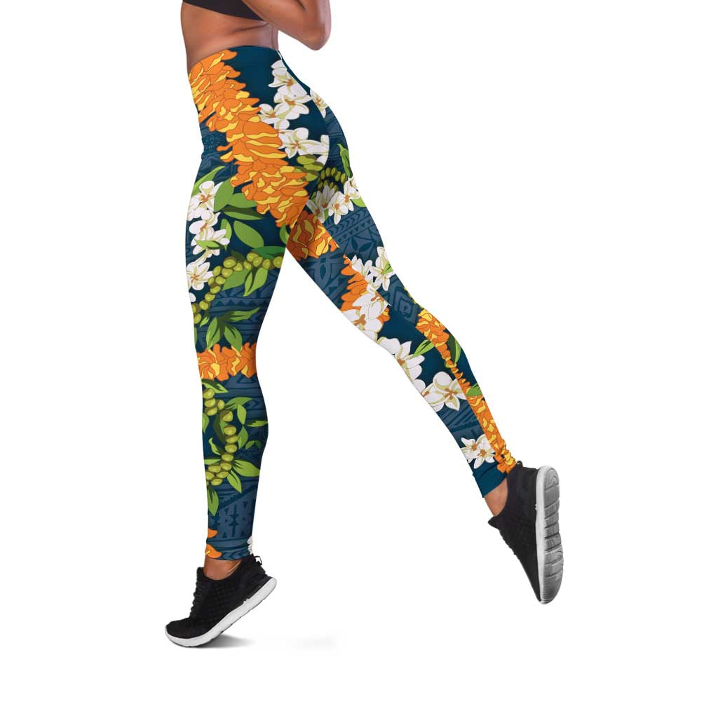 Aloha Festive Hawaii Leggings Mokihana - Maile and Ilima on Navy Blue - Polynesian Pride