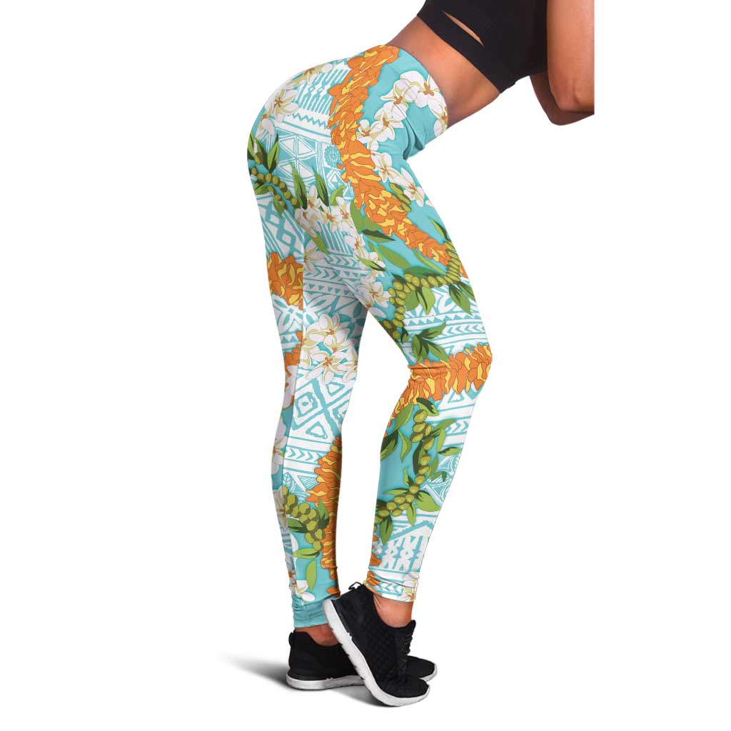 Aloha Festive Hawaii Leggings Mokihana - Maile and Ilima on Turquoise - Polynesian Pride