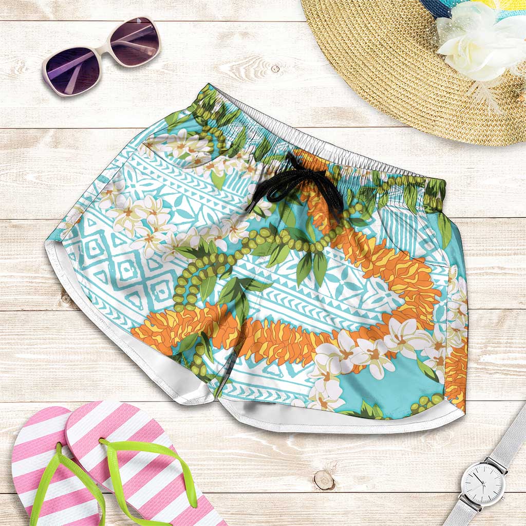 Aloha Festive Hawaii Shorts for Women Mokihana - Maile and Ilima on Turquoise LT7 Turquoise - Polynesian Pride