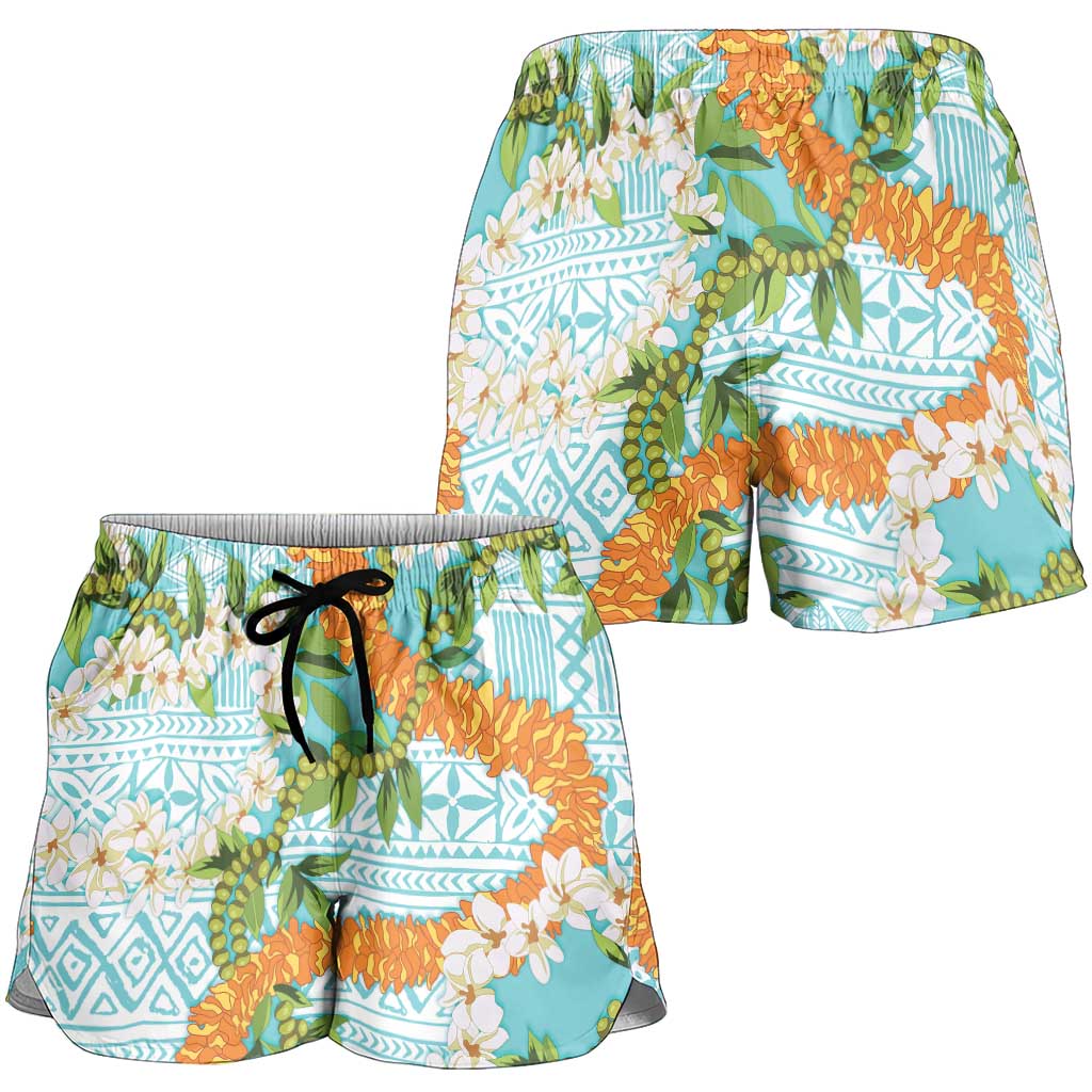 Aloha Festive Hawaii Shorts for Women Mokihana - Maile and Ilima on Turquoise LT7 - Polynesian Pride